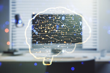 Double exposure of creative artificial Intelligence symbol with modern laptop on background. Neural networks and machine learning concept