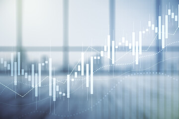 Multi exposure of virtual abstract financial diagram on abstract empty interior background, banking...
