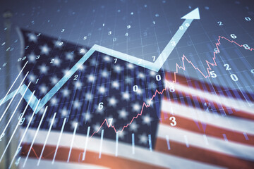 Abstract creative financial diagram and upward arrow hologram on US flag and blue sky background, growth and development concept