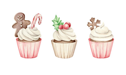 Set of  watercolor Christmas cupcakes.New Year cake.Desserts collection.Objects isolated on white 