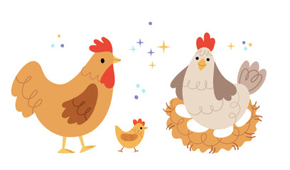 Cartoon farm chickens, rooster and chick. Set.Bundle of chicken.