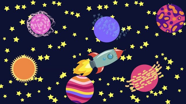 Cartoon Space. Cartoon rocket flies in outer space past the suspended planets, satellites and other objects. Flat loopback animation.