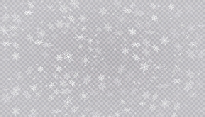 White snow flies on a transparent background. Christmas snowflakes. Winter blizzard background illustration.