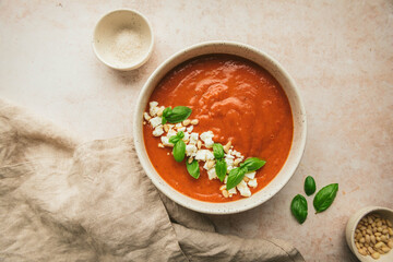 A tomato gazpacho with basil and feta