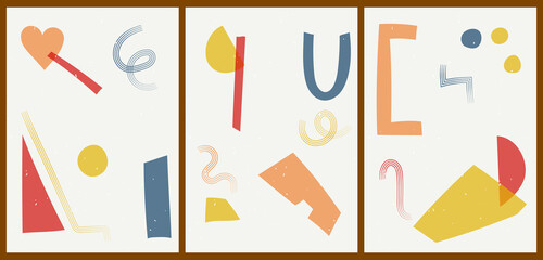 Set of three abstract minimalist aesthetic backgrounds with different geometric shapes, graphic lines, doodles. Trendy colorful vector illustration for social networks, web design in vintage style.