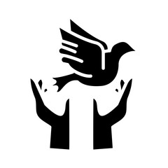 hands protecting peace dove flying silhouette style icon