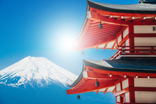 Red Pagoda with Mt Fuji on the background in autumn, Fujiyoshida, Japan,Chureito Pagoda.