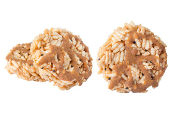 Thai Sweet Crispy Rice Cakes with Cane Sugar Drizzle. on white background 