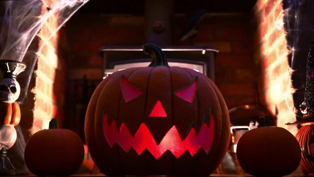 4k vidoe of pumpking changing colours on spooky fire place. wram flickering backlight