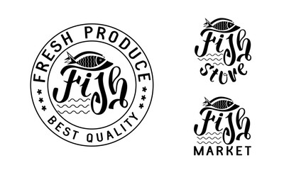 Logo, sign of a fish store, fresh fish supermarket. Hand drawing of letters. Isolated on a white background