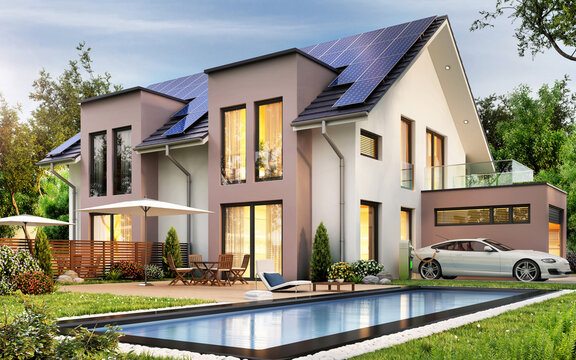 Beautiful house with solar panels and electric car
