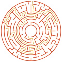 Circular maze with way from center to exit on turquoise blue background. Problem, confusion and solution concept. Flat design