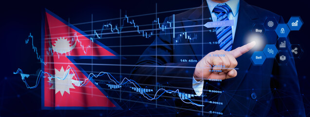 Businessman touching data analytics process system with KPI financial charts, dashboard of stock and marketing on virtual interface. With Nepal flag in background.