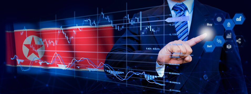 Businessman touching data analytics process system with KPI financial charts, dashboard of stock and marketing on virtual interface. With North Korea flag in background.