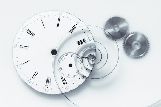 Clock cogs and coiled spring