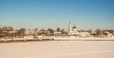 Embankment of winter snow-covered city of Tver on  banks of  Volga river