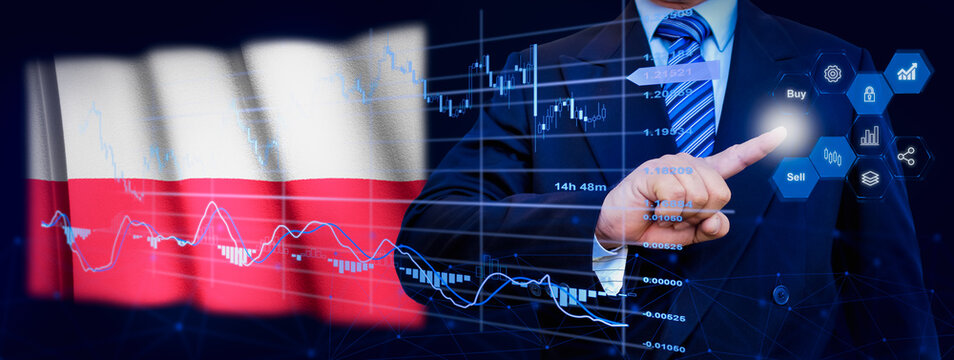 Businessman touching data analytics process system with KPI financial charts, dashboard of stock and marketing on virtual interface. With Poland flag in background. - Powered by Adobe