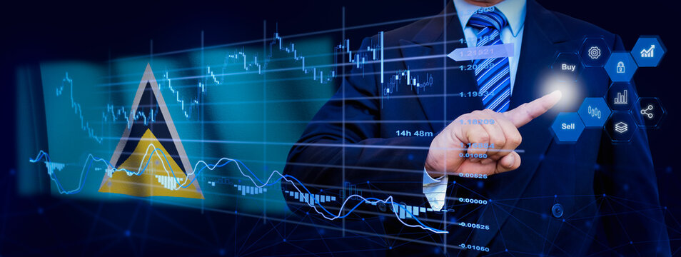 Businessman touching data analytics process system with KPI financial charts, dashboard of stock and marketing on virtual interface. With Saint Lucia flag in background. - Powered by Adobe