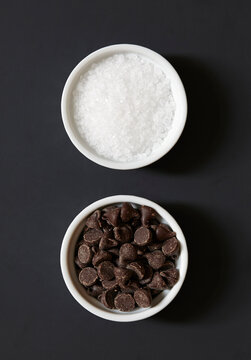 Chocolate chips and salt in ramekins
