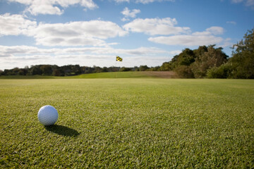 Golf ball on grass in golf course