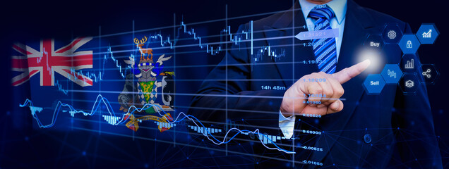 Businessman touching data analytics process system with KPI financial charts, dashboard of stock, marketing on virtual interface. With South Georgia and the South Sandwich Islands flag in background.