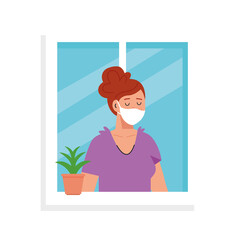 woman cartoon with mask at window with plant design of medical care and covid 19 virus theme Vector illustration
