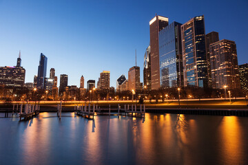 Skyline at dusk seen from marina