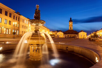 Poland, Podlaskie, Bialostok Fountain on illuminated town square