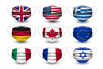Set of various face masks  with different flags - USA, EU,  Italy, France, Germany, Greece, Great Britain The face mask is transparent and can be used as a template with your own design. Vector.