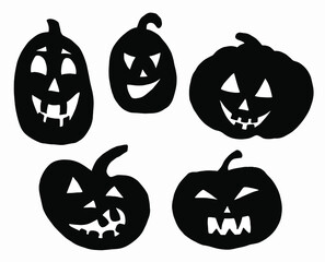 Set of Halloween pumpkins. Black silhouette on  white background. Various emotions - evil, funny, kind, stupid.