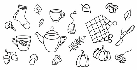 Cute autumn set. Plaid, tea pot, tea, coffee, pumpkins, leaves, mushrooms, sock, viburnum. Doodle style. White background, isolation.