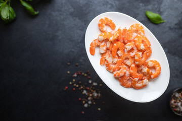 shrimp ready to eat prawn boiled or fried seafood without shell on the table top view  copy space for text diet pescetarian food background rustic
