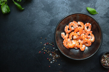 shrimp ready to eat prawn boiled or fried seafood without shell on the table top view  copy space for text diet pescetarian food background rustic