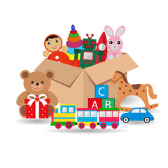 Illustration of cardboard box with toys and gifts with shadow on white background