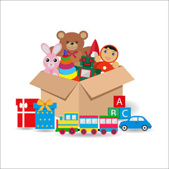 Illustration of cardboard box with toys and gifts with shadow on white background