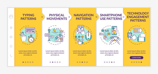 Behavior metrics elements onboarding vector template. Typical human behavior. Movement patterns. Responsive mobile website with icons. Webpage walkthrough step screens. RGB color concept