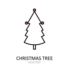 Vector outline icon with Christmas tree with toys. Red and white silhouette with black line.