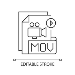 MOV file pixel perfect linear icon. MPEG-4 multimedia container file format. Audio, timecode. Thin line customizable illustration. Contour symbol. Vector isolated outline drawing. Editable stroke