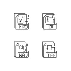 File types pixel perfect linear icons set. MP3. ZIP. WAV. TIFF. Audio, compressed, text files. Customizable thin line contour symbols. Isolated vector outline illustrations. Editable stroke
