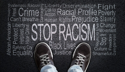 Stop Racism Word Cloud on Asphalt Concept of Fighting Discrimination - obrazy, fototapety, plakaty