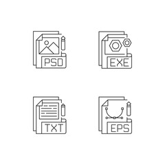 File types pixel perfect linear icons set. PSD. EXE. TXT. EPS. Raster, vector image, executable files. Customizable thin line contour symbols. Isolated vector outline illustrations. Editable stroke