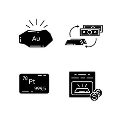 Income from metal trade black glyph icons set on white space. Golden nugget. Platinum bullion. Unallocated bank account. Business investment. Silhouette symbols. Vector isolated illustration