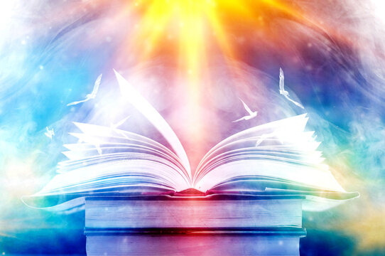 Imagine a picture book of an ancient book opened on a wooden table with a sparkling golden background. With magical power. magic. lightning around a glowing glowing book In the room of darkness