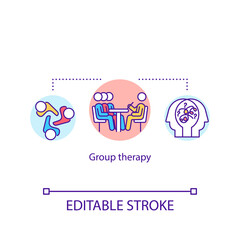 Group therapy concept icon. Collective psychoanalysis, support groups idea thin line illustration. Psychologist counseling multiple patients. Vector isolated outline RGB color drawing. Editable stroke
