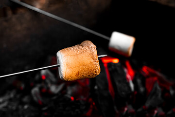 marshmallow on a stick being roasted over a camping fire. cooking white marshmallows on red coals in the grill. picnic in nature