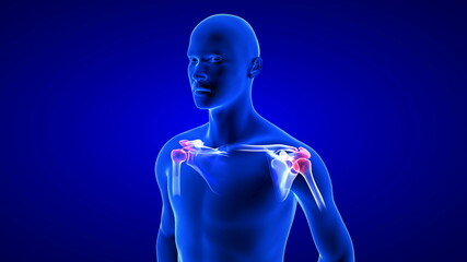 Shoulders Pain close-up illustration. Blue Human Anatomy Body 3D Scan render on blue background