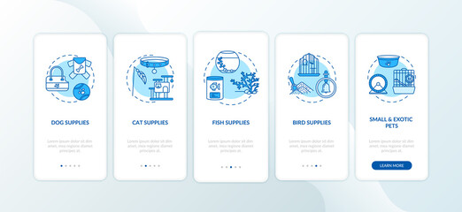Pet store offers onboarding mobile app page screen with concepts. Animal care items to buy walkthrough 5 steps graphic instructions. UI vector template with RGB color illustrations