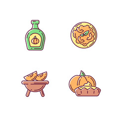Homemade food RGB color icons set. Roasted gourd, pumpkin risotto, tasty tartlet and syrup. Rustic cooking, traditional autumn dishes. Isolated vector illustrations