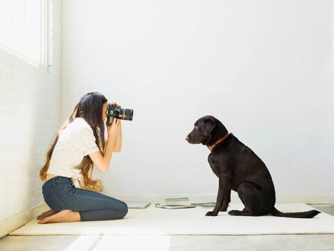 Woman photographing dog in studio