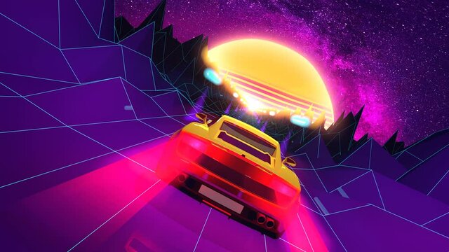 Luxury sports car in the 80s  retro-futuristic color scheme and style Background for electronic, videogames and vaporwave music concept